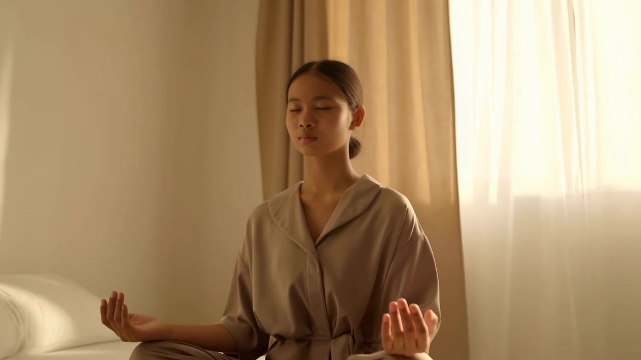 แสงอุ่นจากหน้าต่างทอดผ่านหญิงสาวที่นั่งตัวตรงบนเตียง ในขณะที่เธอยังคงนิ่งด้วยมือที่ผ่อนคลายและหลับตา โดยมีผ้าม่านเนื้อนุ่มเป็นกรอบล้อมรอบ เมื่อมุมมองกว้างขึ้นจะเผยให้เห็นท่านั่งขัดสมาธิและการตกแต่งภายในที่ดูสงบ