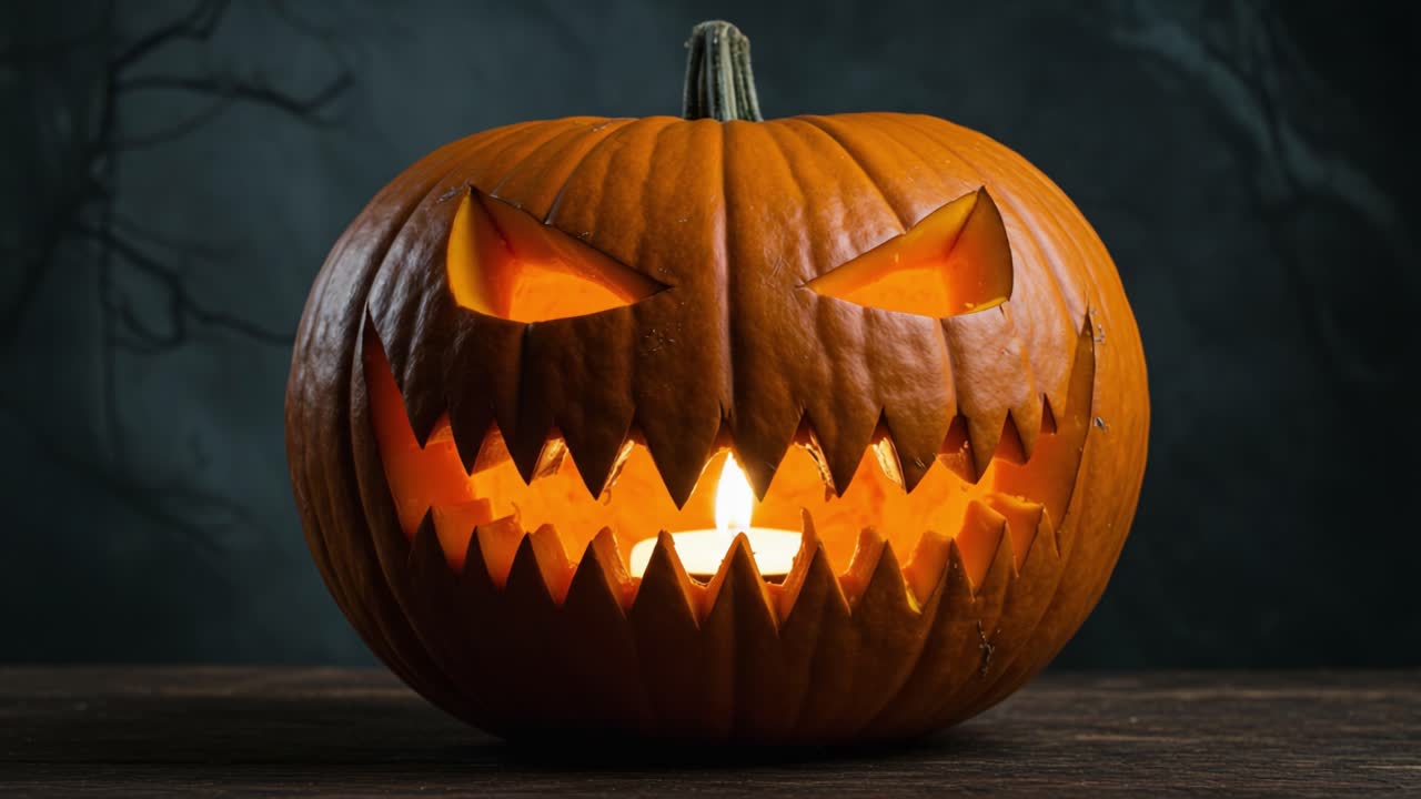 A Spooky Halloween Pumpkin with a Grinning Face Illuminated from Within, Perfectly Carved to Celebrate the Haunting Season's Festivities
