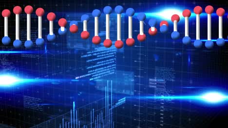 Animation-of-dna-strand-spinning,-digital-data-processing-over-glowing-blue-lights