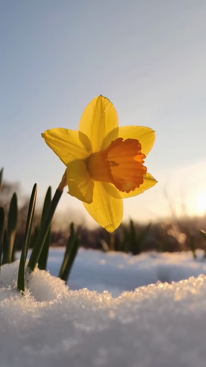 Video ravvicinato di un narciso giallo nella neve, ripreso da una angolazione bassa con luce solare