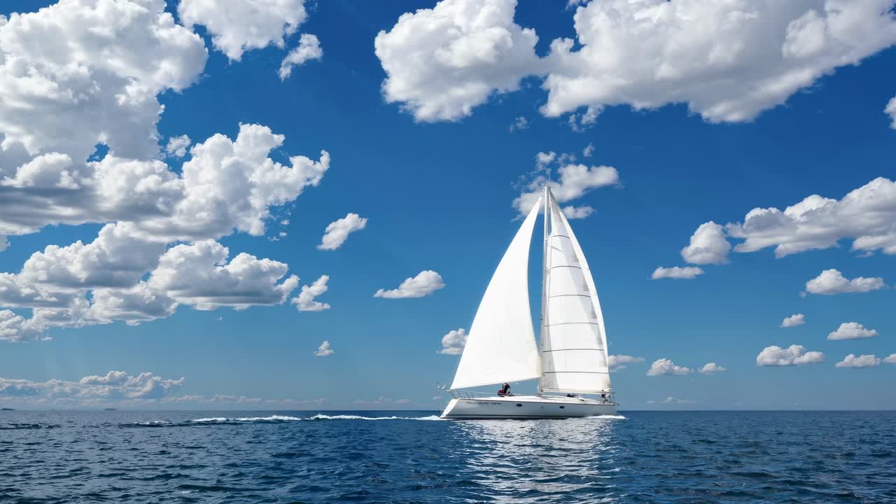 A serene sailboat glides across a vast ocean under a bright blue sky, captured from a low angle