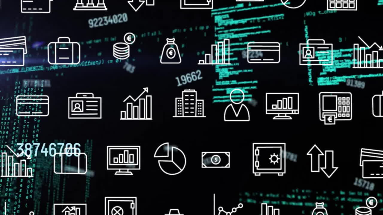 animación del procesamiento de datos financieros y filas de iconos empresariales sobre un fondo oscuro