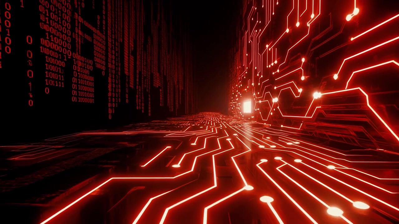 Abstract Red Circuit Board and Binary Code in a Digital Environment