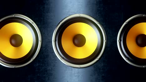 audio speakers with yellow membranes playing modern music at 90bpm seamless loop