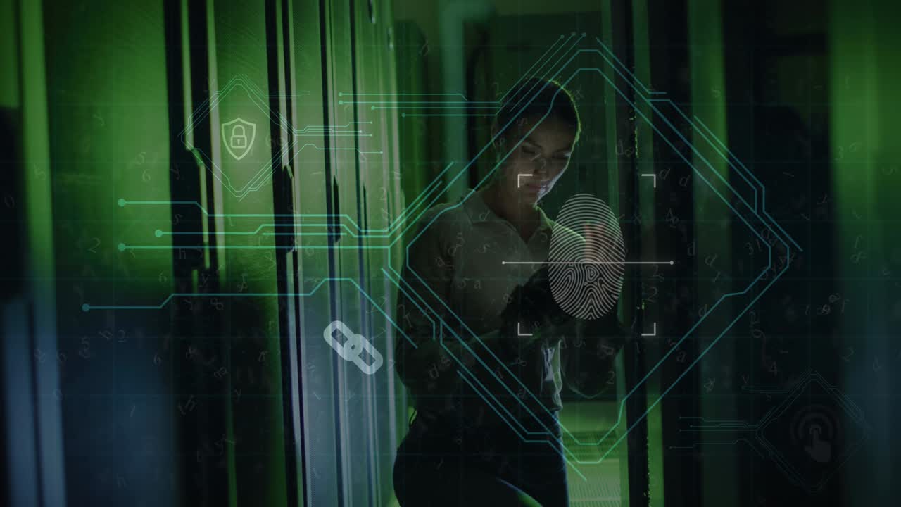 animación de huellas dactilares biométricas sobre una mujer caucásica con una tableta por servidores informáticos
