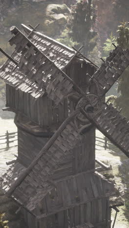 a rustic wooden windmill in the countryside