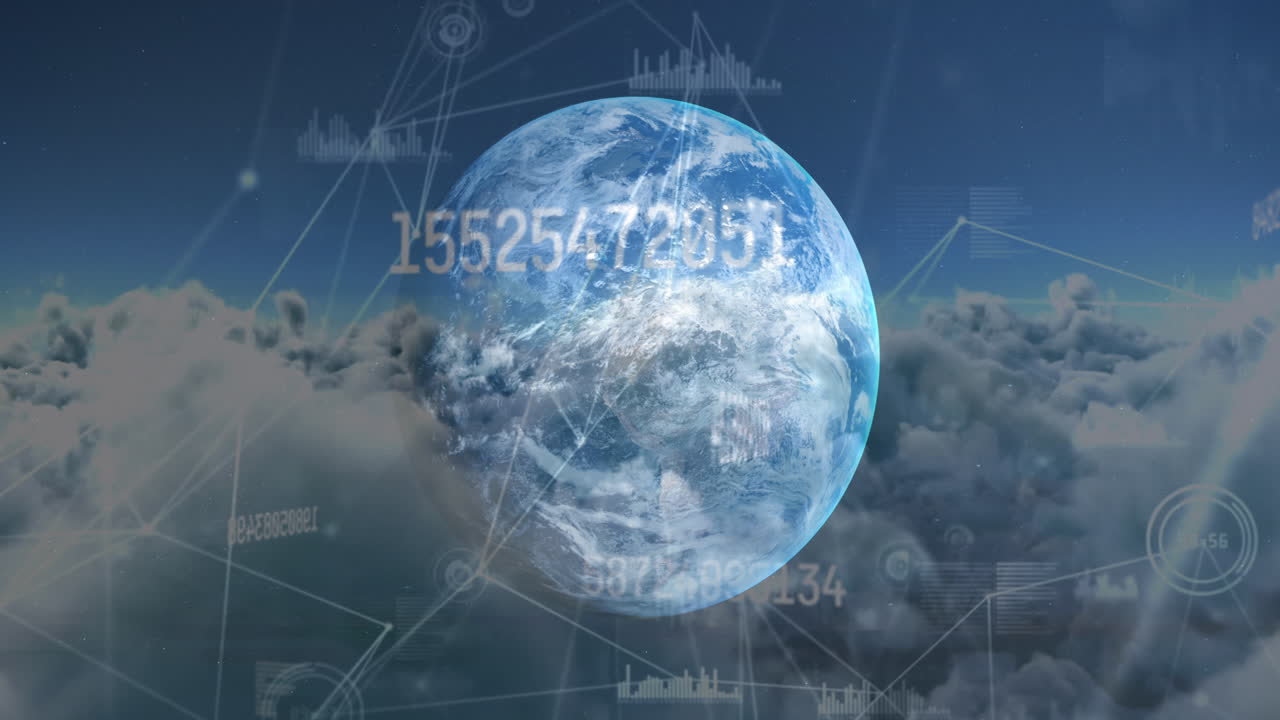 하늘의 지구와 구름에 대해 여러 번 변하는 번호와 연결 네트워크