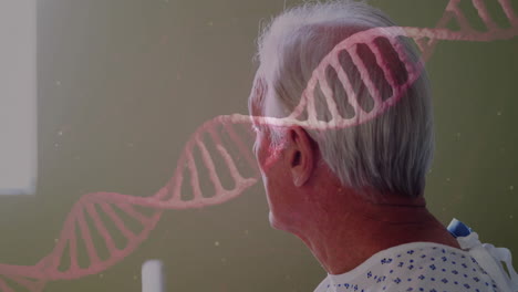 animation of dna strand over senior caucasian man in hospital