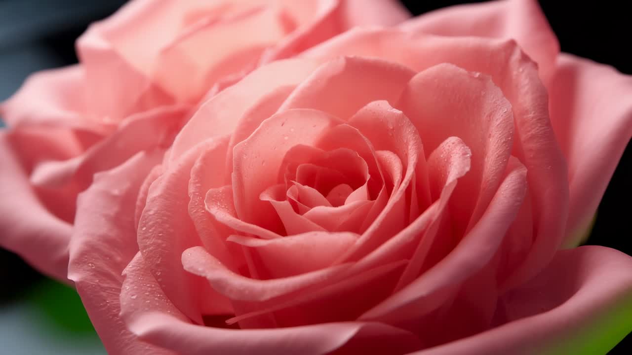 Alejamiento de la cámara que revela la floración de una rosa rosa sobre un fondo oscuro, mostrando los pétalos en capas y el rocío