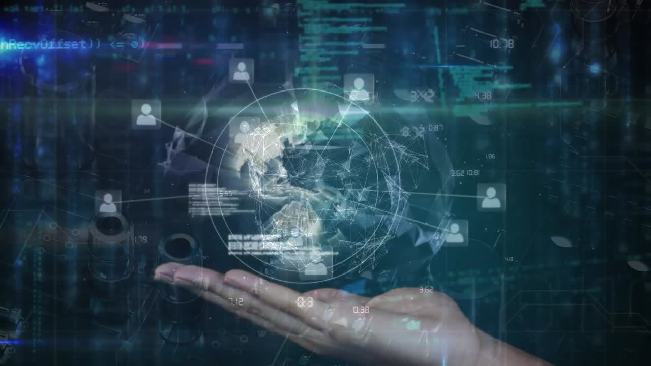 animación de un globo en mano con una red de conexiones y procesamiento de datos sobre fondo negro