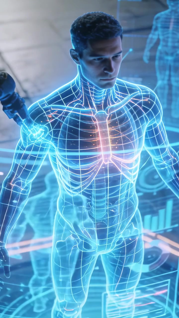 Vertical video: Probing robot arm tapping male holo torso in lab, initiating health scan and panels