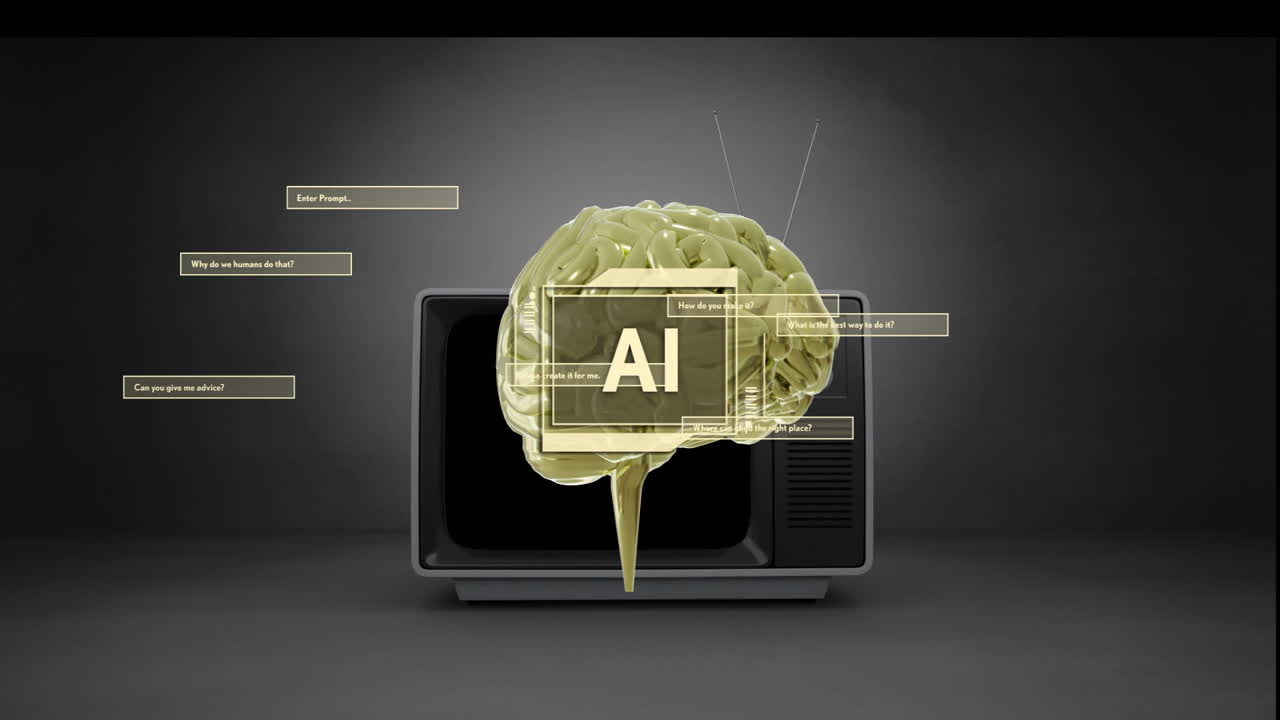 AI brain animation over retro television with various question prompts