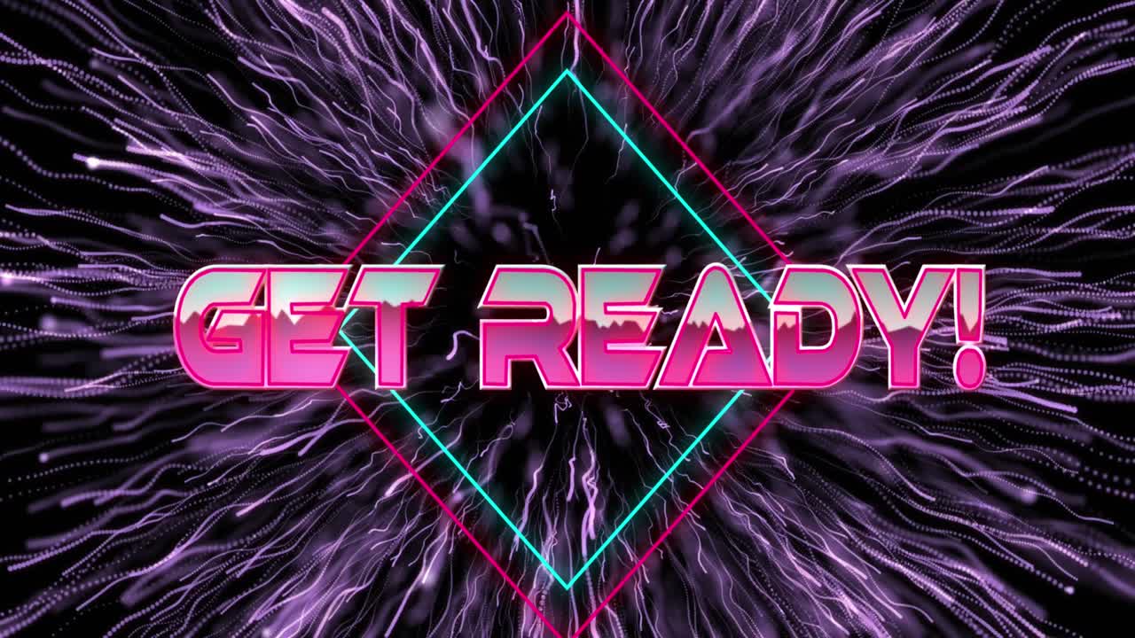 Animation des Textes „Get Ready“ auf Rauten und explodierenden Punkten über schwarzem Hintergrund.
