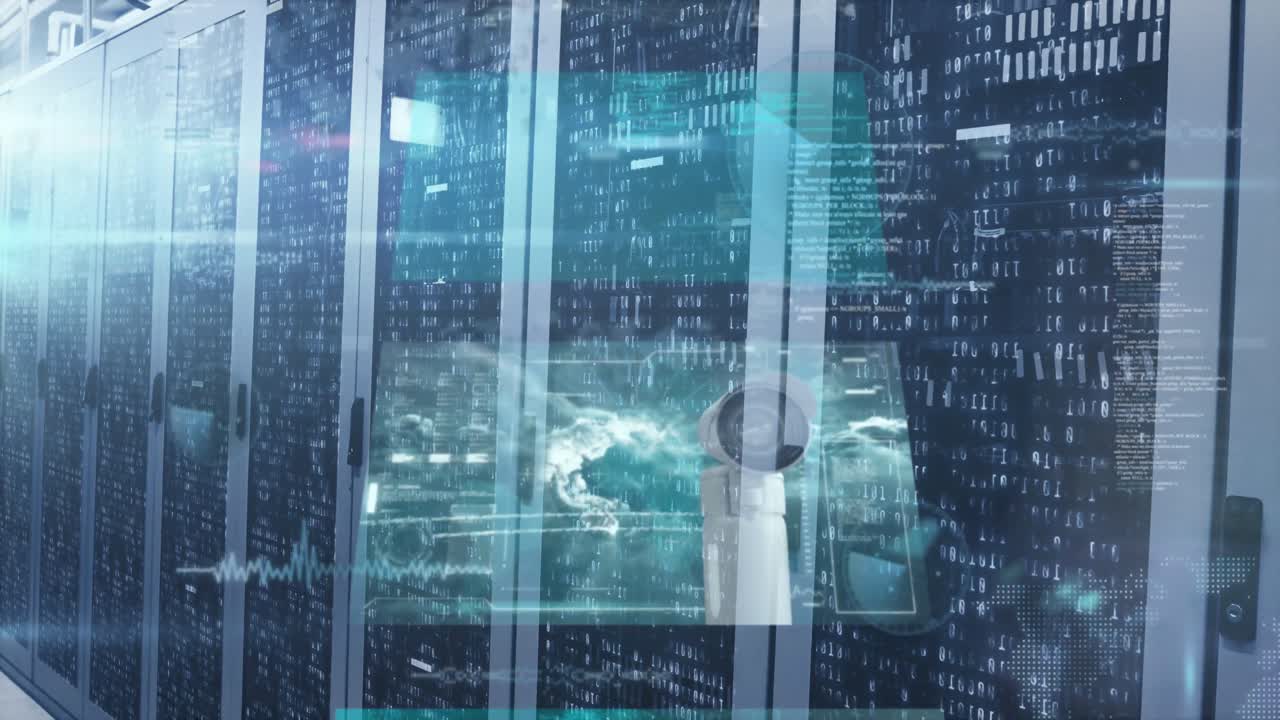 Animation of multiple screens with data processing against mosaic squares over computer servers