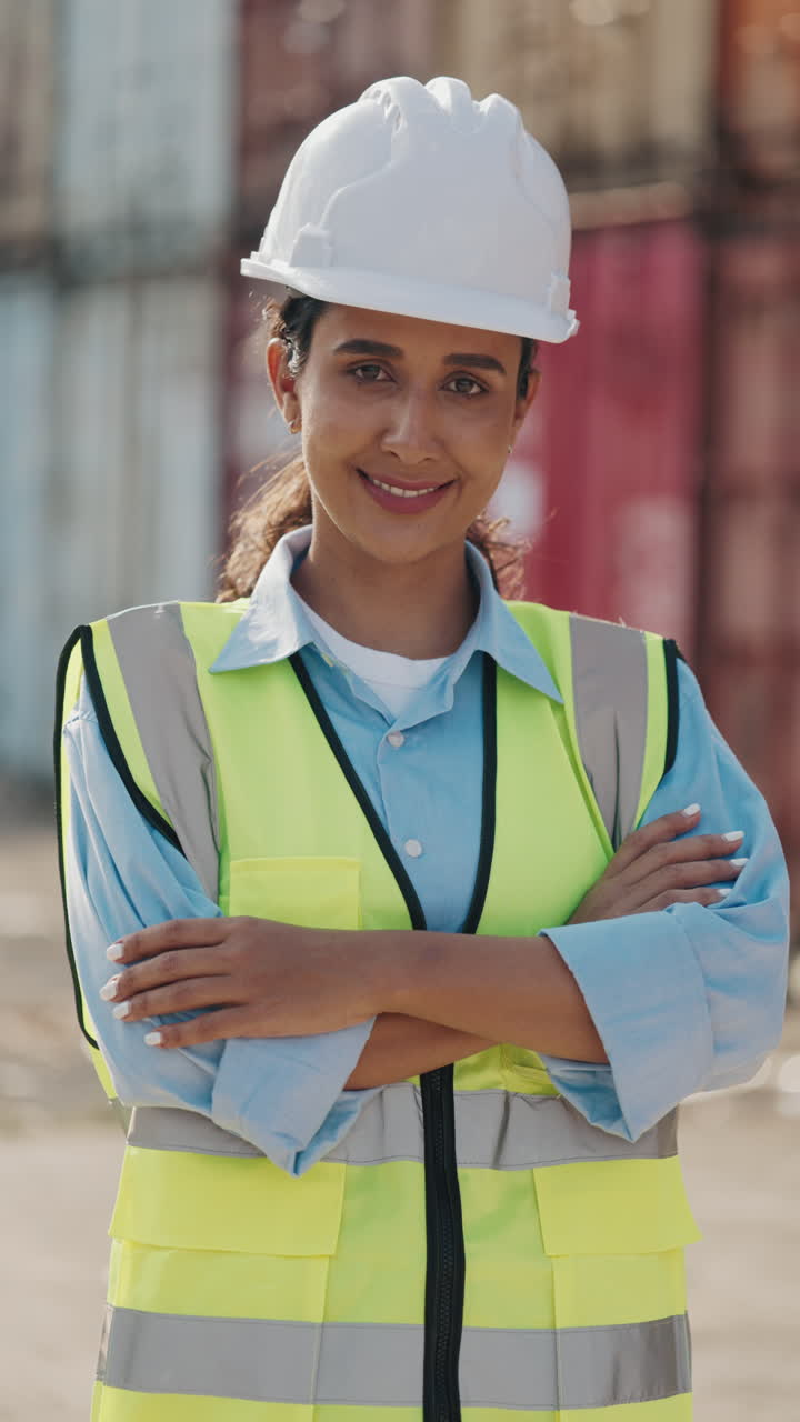 Confident Female Engineer at a Cargo Terminal