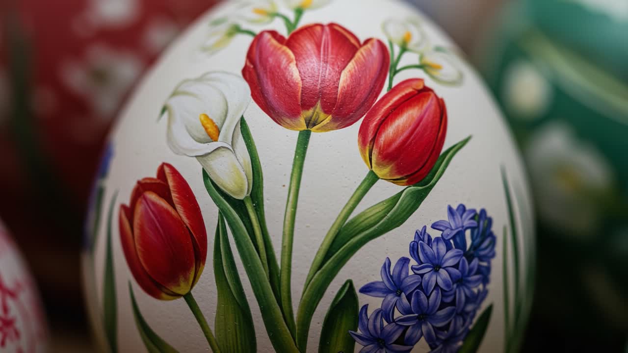 Intricate Floral Patterns on Hand-Painted Easter Eggs Featuring Vibrant Red Tulips and Lilies, Showcasing Spring's Beauty and Artistic Craftsmanship