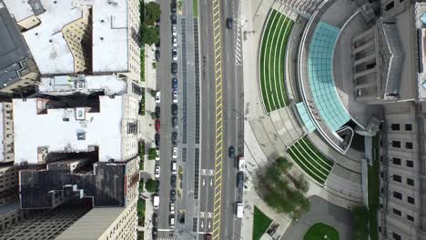 Top-down-aerial-view-of-cars-driving-on-Eastern-Parkway-in-Brooklyn-NYC