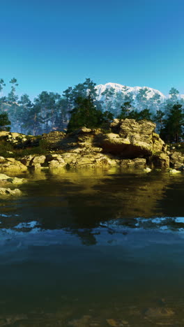 un hermoso lago de montaña rodeado de pinos y montañas cubiertas de nieve