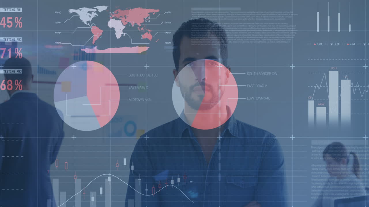 Statistical data processing against portrait of caucasian man smiling at office