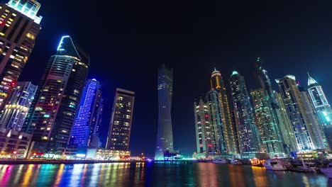 dubai marina night illumination yacht dock panorama 4k time laps eunited arab emirates