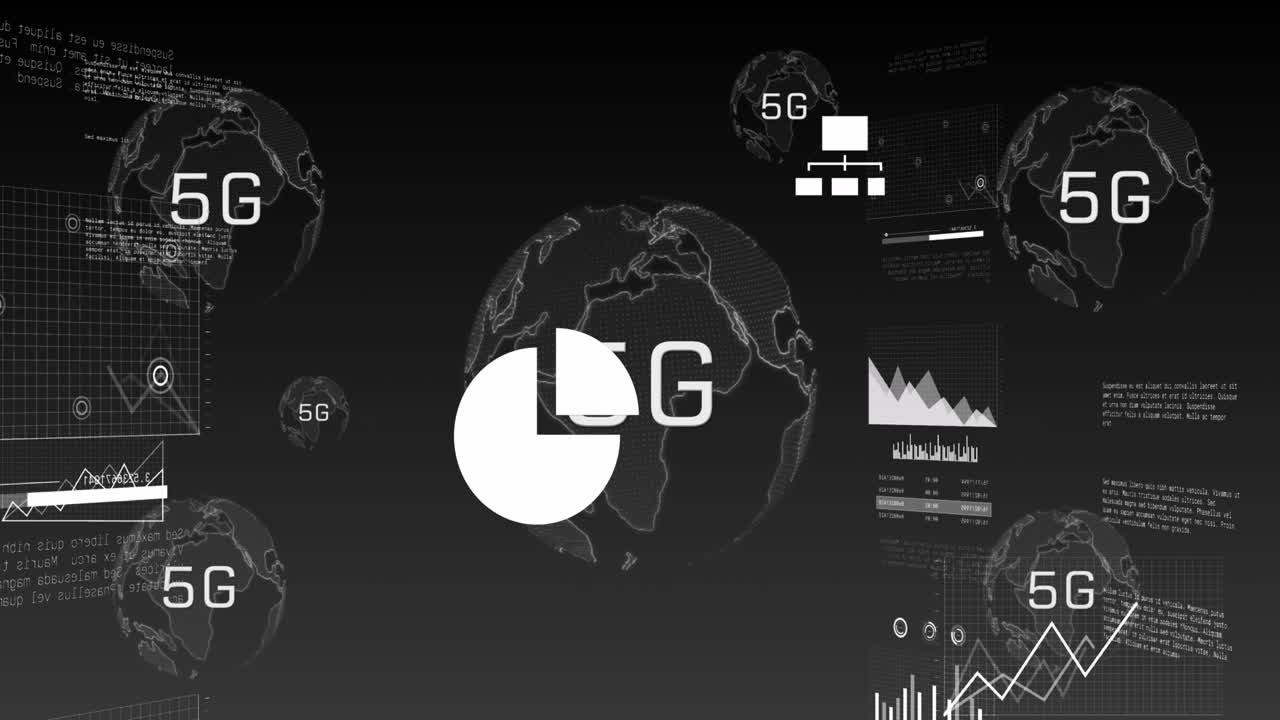 animación de 5g sobre el globo, gráficos, datos y pantalla digital
