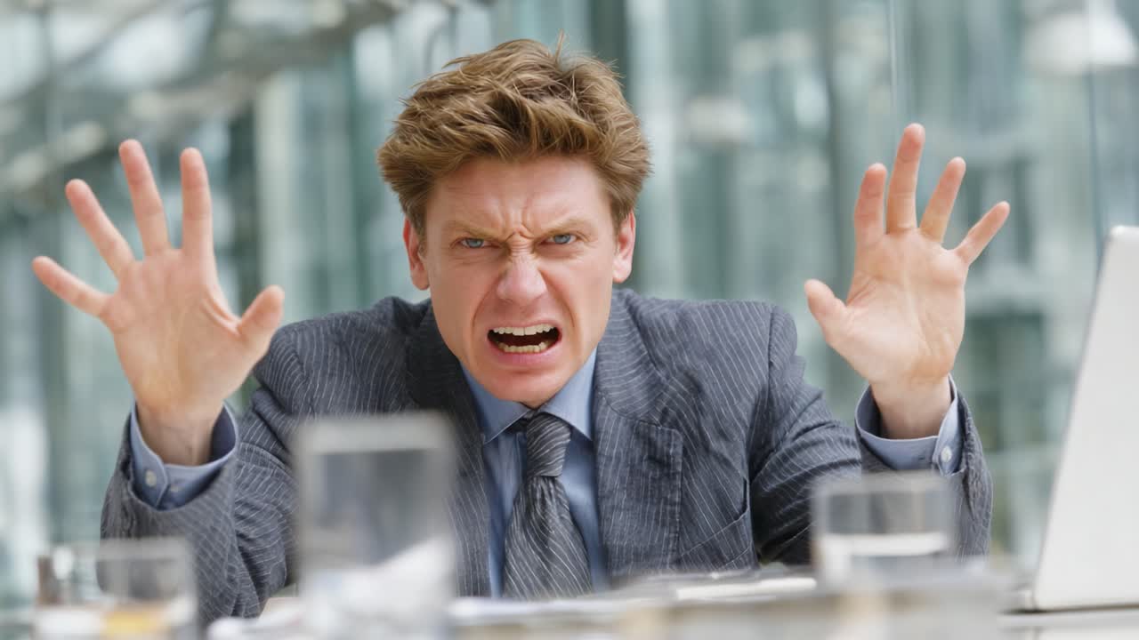 A Frustrated Businessman Expressing Anger in a Corporate Environment While Seated at a Table Surrounded by Empty Glasses and a Laptop