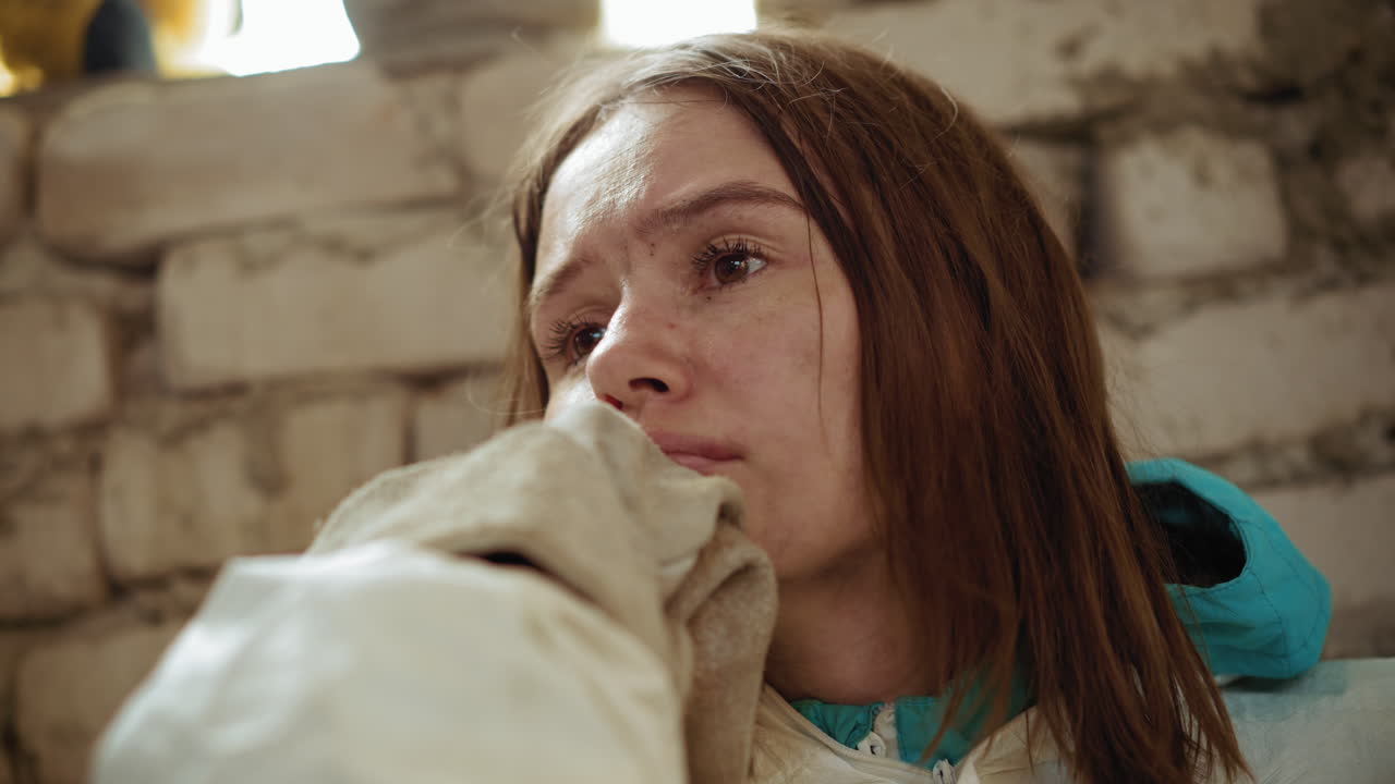 Close up of traumatized exiled woman in worn protective clothing leaning against rough brick wall, eyes distant and filled with pain, appearing lost in thought, exhausted, and emotionally broken during nuclear survival struggle