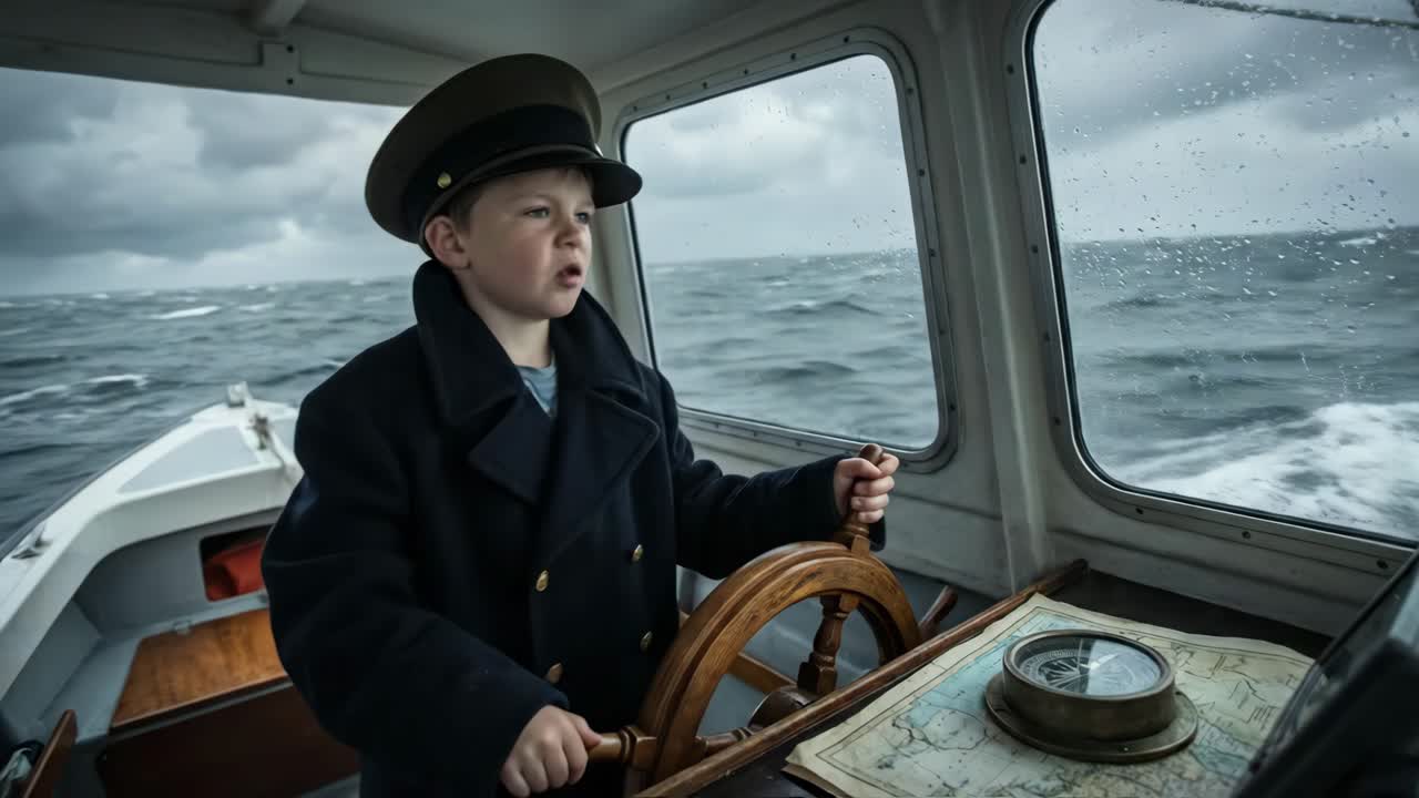 Ragazzino vestito da capitano che guida una barca in un mare mosso