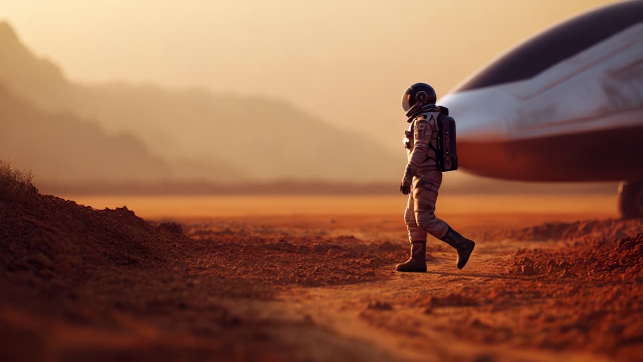 An Astronaut Stands Alone on an Alien Landscape with a Futuristic Spacecraft in the Background Under a Warm Sunset Glow