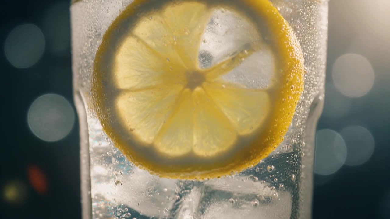 Close-up of a Refreshing Glass of Sparkling Water with Lemon and Ice