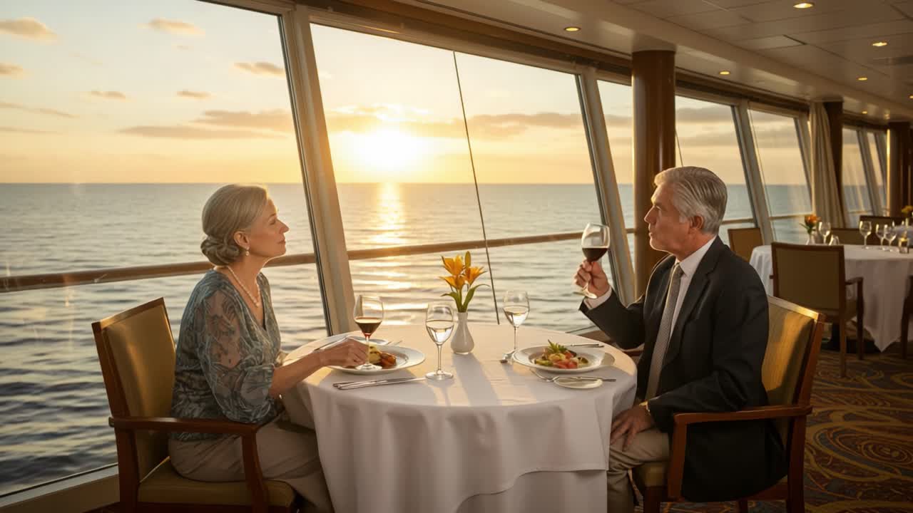 A Romantic Sunset Dinner: An Elegant Couple Enjoys a Delightful Meal While Toasting with Red Wine Against a Stunning Ocean View
