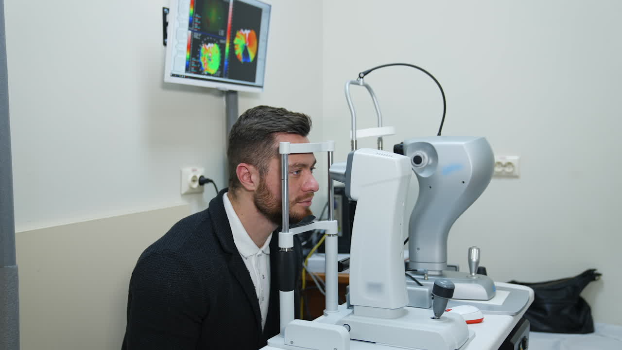 Man looking in apparatus for eyesight. Young man looks in instrument for checking eyes at ophthalmologist