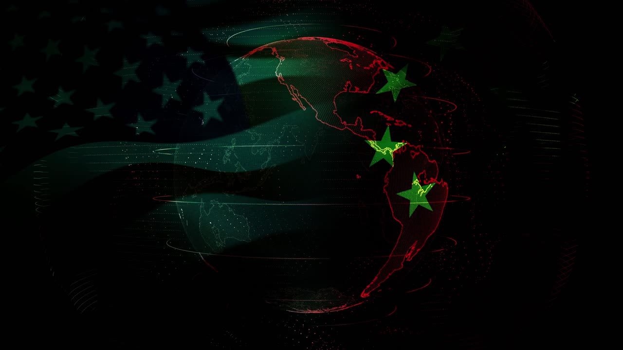 Animated Earth spins in cyber space, visual flags of power rivalry, world order
