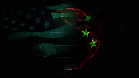 animated earth spins in cyber space, visual flags of power rivalry, world order