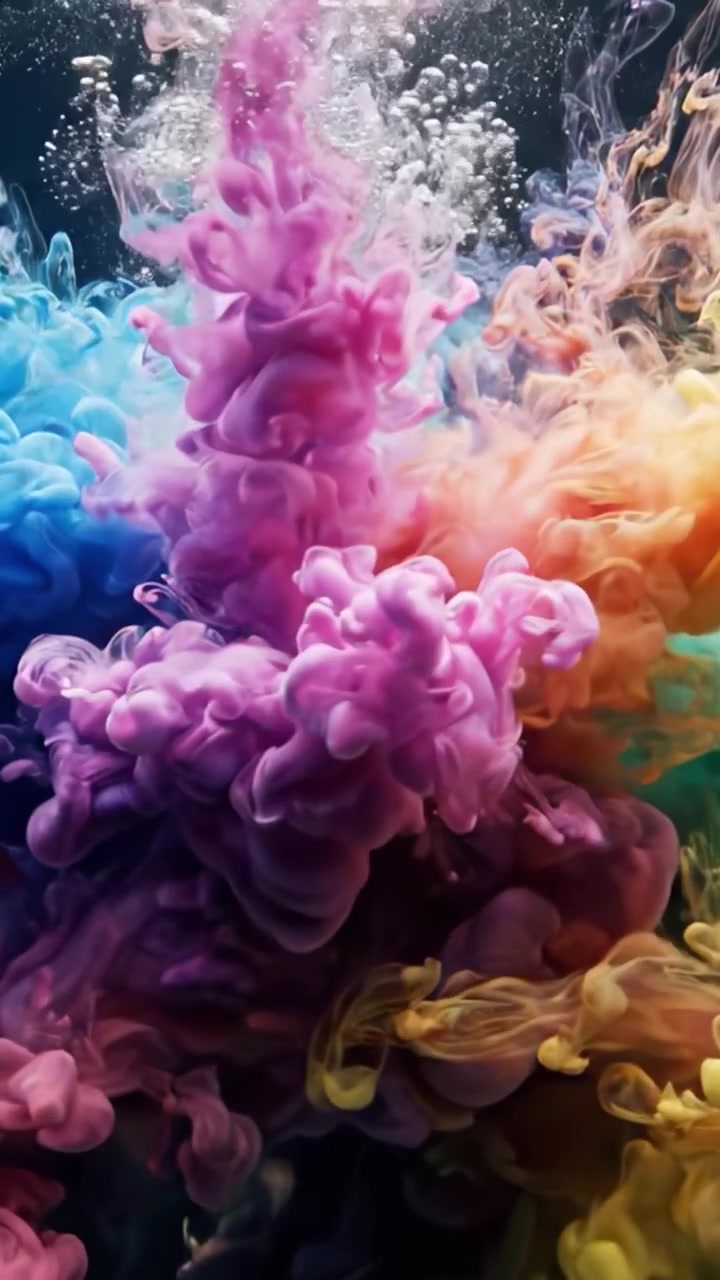Vortici esplosivi di fumo colorato che creano uno spettacolo vivido sott'acqua, catturati in due splendide inquadrature.