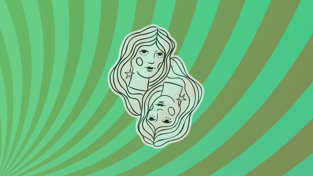 animación del símbolo de los geminos sobre un fondo verde a rayas giratorias