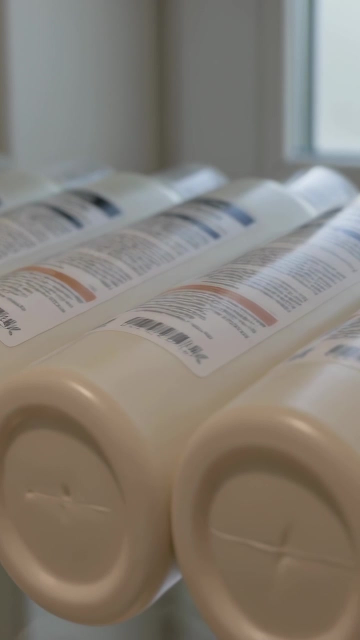 Vertical video: Shifting camera capturing white plastic tubes on shelf, revealing barcode labels