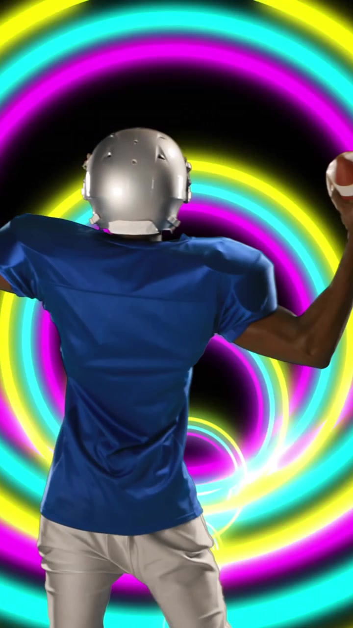 Giocatore di rugby afroamericano che tiene un pallone da rugby e forme circolari al neon in un motivo continuo