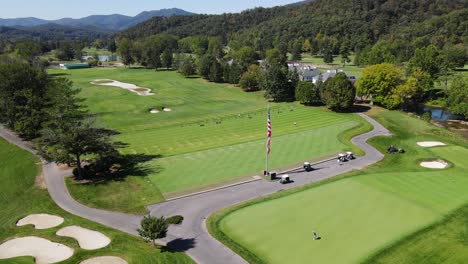 Aerial-rotating-parallax-shot-of-golf-driving-range-at-the-Greenbrier-Resort-during-summer