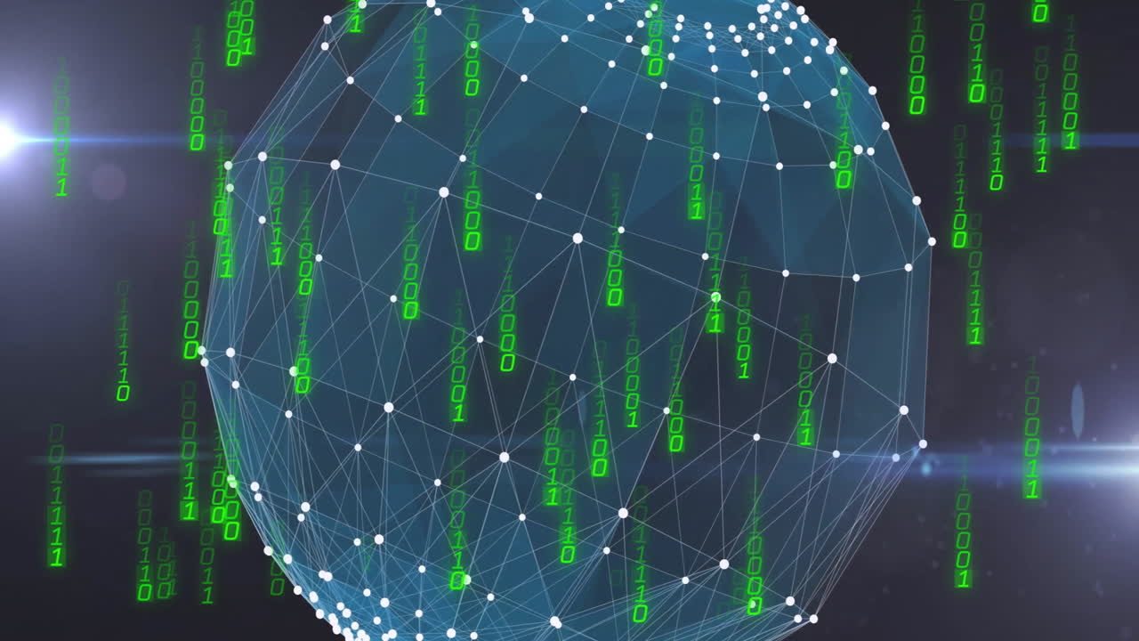 Green binary code cascading over digital network sphere in animation style