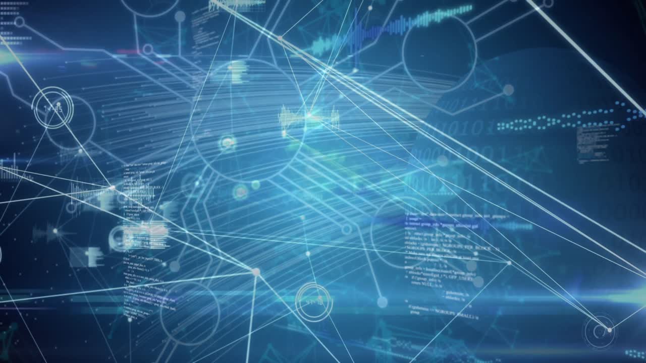 연결 네트워크, 데이터 처리, 마이크로프로세서 연결의 애니메이션 파란색 배경에