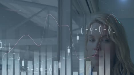 animación de estadísticas y procesamiento de datos financieros sobre empresaria caucásica en el cargo