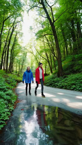 two women ice skating under a bridge in a forest