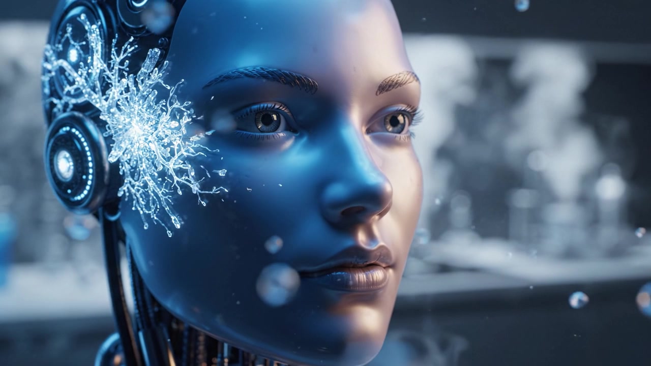 Futuristic AI Humanoid with Complex Neural Energy Patterns in a High-Tech Environment Reflecting the Convergence of Technology and Human Emotion