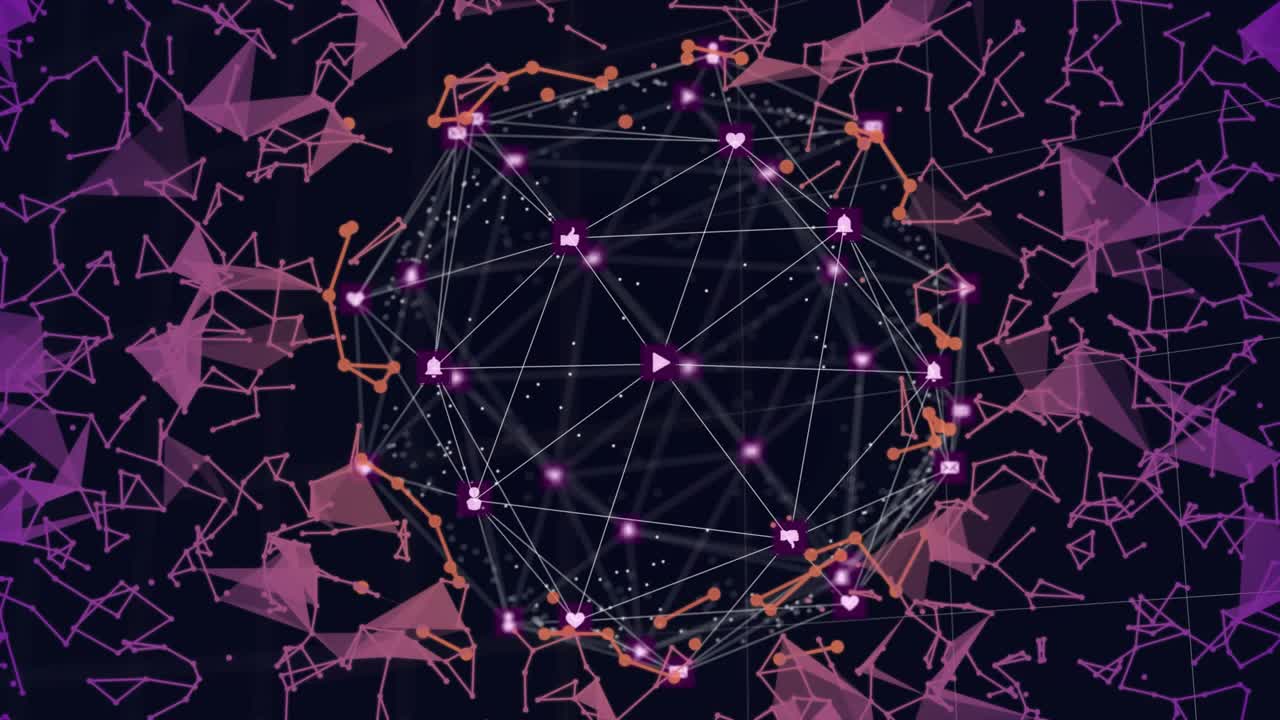 Glowing wireframe sphere pulsing with orange ribbon passing, lighting nodes to map network flow