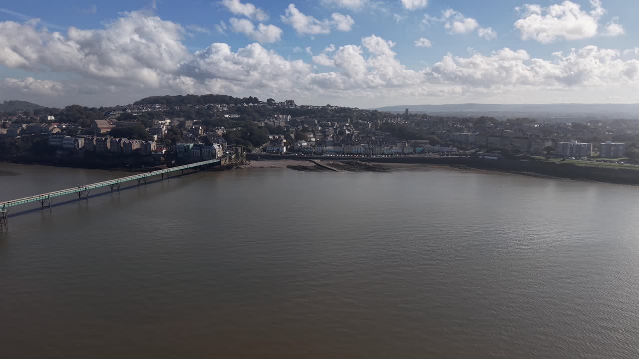 Drone shot of Clevedon Beach and Town, Somerset, England