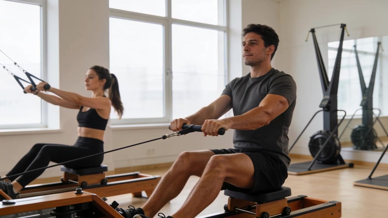 Mujer y hombre remando con ropa deportiva, impulsando las piernas y tirando de los mangos en el gimnasio, continuando la serie en las máquinas de remo.