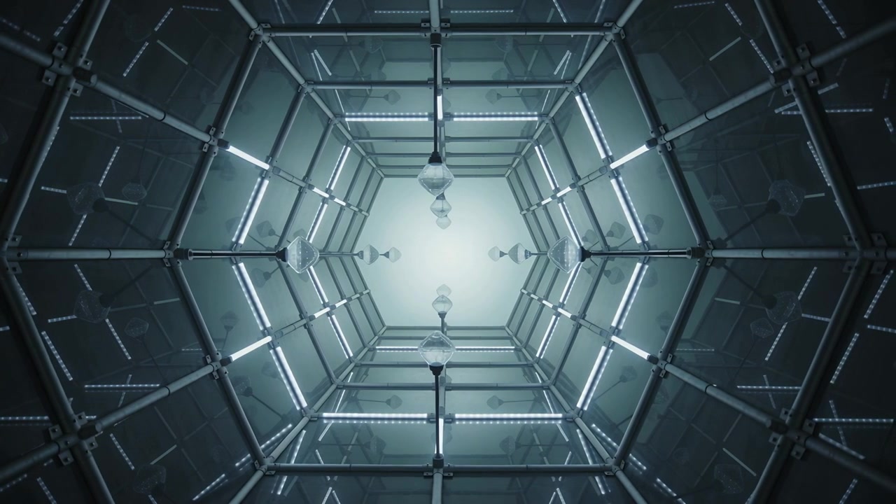 Zooming camera causing hexagon frame in chamber showing pendants and creating LED glow, deepening