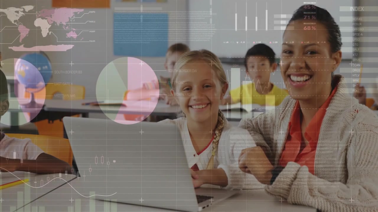 Teacher pointing laptop and guiding student while animated charts and world map tracking learning