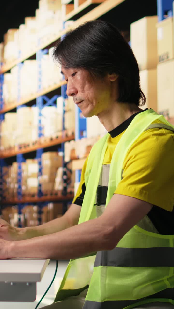 Vertical Video Asian employee scanning shipping labels and barcodes on packages